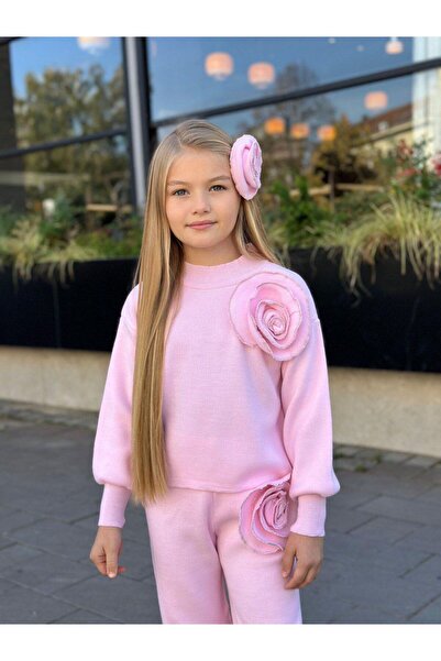 KOKOŞ BEBEK Rose Detailed Girls' Knitwear Set - 3 Pieces – Top + Pants + Hair Accessory - Age 3/12 - 31581