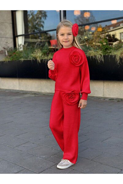 KOKOŞ BEBEK Rose Detailed Girls' Knitwear Set - 3 Pieces - Top + Pants + Hair Accessory - Age 3/12 - 31581