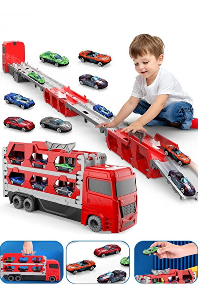 Generic Children's transport truck toy set, 6 metal cars and a foldable storage transport truck,Red