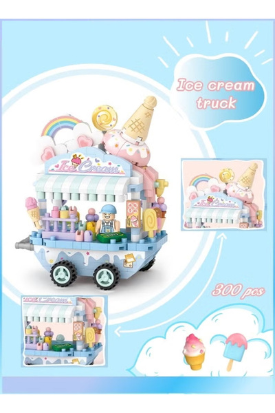 Generic Kids' Ice Cream Cart Toy, 300 Ice Cream Building Blocks, Role-Playing Store,blue