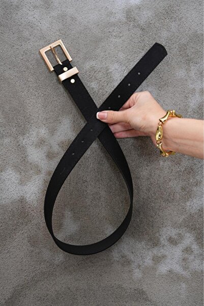 MODAM HİFA Square Gold Buckle Suede Women's Belt Trouser Belt Dress Belt Waist Belt Body Belt Shirt