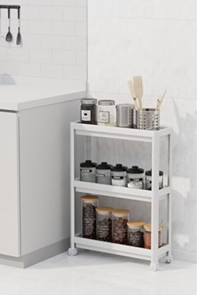 STOREMAX Life 3 Katlı Tekerlekli Slim İnce Beyaz Banyo Mutfak Rafı MIT1125 12...