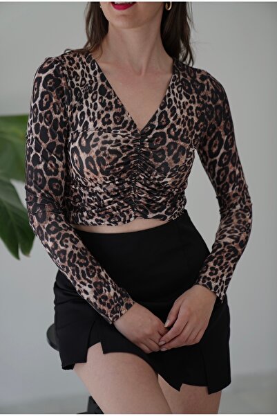 My Glowya Leopar Desenli Drapeli Crop Bluz
