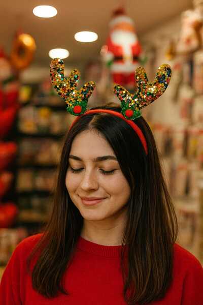 happyevents Yeni Yıl Parti Tacı - gold pullu geyik boynuzu modeli