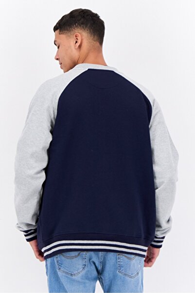 fleece factory Men Stand Collar Two Tone Long Sleeves Sweatshirt, Light Grey/Navy