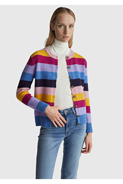 United Colors of Benetton Women's multicolor 100% wool striped shetland cardigan