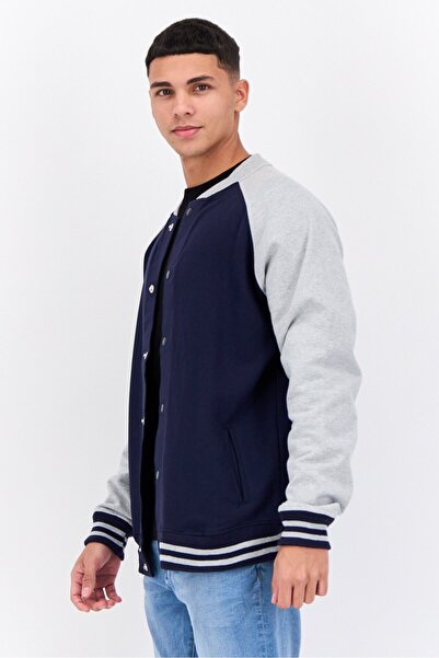 fleece factory Men Stand Collar Two Tone Long Sleeves Sweatshirt, Light Grey/Navy