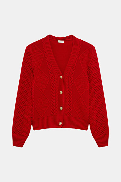 W Collection KIRMIZI ÖRGÜ DESENLİ HIRKA