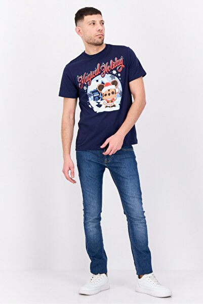 Disney Men Crew Neck Short Sleeve Mickey Holiday Santa T-Shirt, Navy