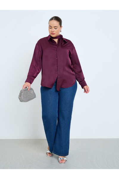 Styli Plus Size Burgundy Satin Shirt