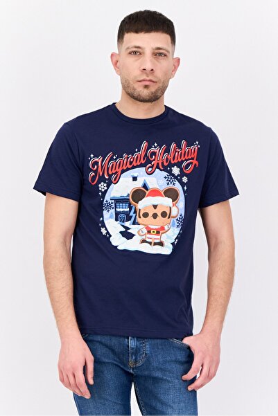 Disney Men Crew Neck Short Sleeve Mickey Holiday Santa T-Shirt, Navy