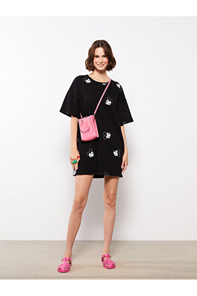 LC Waikiki Peak New Season Crew Neck Mickey Mouse Printed Short Sleeve Cotton Women's Dress