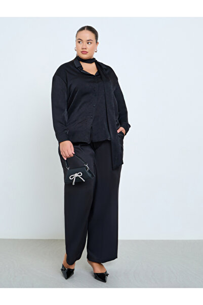 Styli Plus Size Black Satin Scarf Shirt