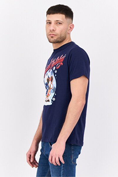 Disney Men Crew Neck Short Sleeve Mickey Holiday Santa T-Shirt, Navy