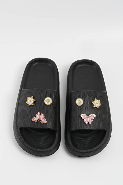 Ecrou Stone Detailed Open Slippers Black