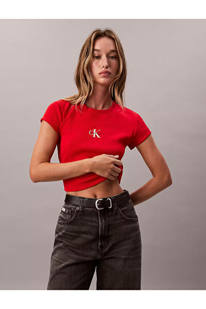 Calvin Klein Women's Round Neck Short Sleeve Short Red T-Shirt Lv047Ab802-Vmt