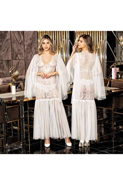 zahyat Long White Lace Lingerie with Sheer Silk Sleeves