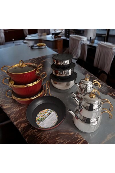 BARITCIOGLU Luxury Granite Cookware Set Slanted Teapot 18 Pieces