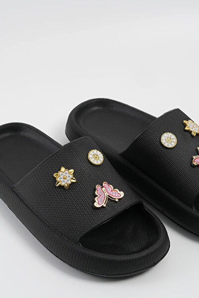 Ecrou Stone Detailed Open Slippers Black