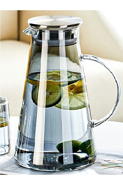 morponi Borosilikat Cam Metal Kapaklı Lüks Sürahi 1900 ml (FÜME) ESK