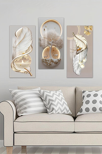 kutuTR 3D Görünümlü 2D UV Baskı Temperli Cam Tablo Set – Modern Tüy ve Ağaç K...