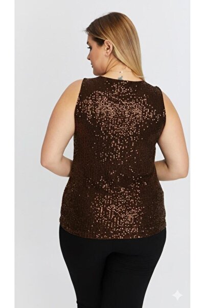 RMG Sequined Plus Size Zero Sleeve Coffee Blouse