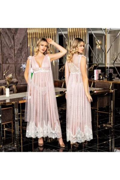 zahyat لانجري طويل من الدانتيل - وردي ناعم مع تفاصيل من الدانتيل الأبيض