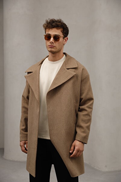 Bürke Μαύρο παλτό με κουμπιά που κλείνει στο μισό oversized Άνετο κομμένο μακρύ ανδρικό παλτό κασετίνα