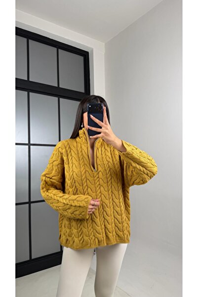 Gaus Mustard Zippered Hair Braided Sweater Gaus-00855
