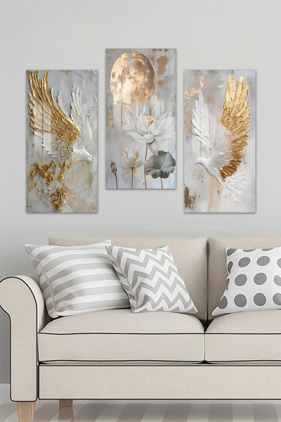 kutuTR 3D Görünümlü 2D UV Baskı Temperli Cam Tablo Seti–Altın Kuş Lotus Çiçek...