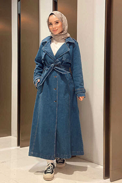 Neways 6458-Denim Allerli Trençkot Mavi
