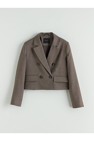 LC Waikiki Houndstooth Patterned Crop Women's Blazer Jacket