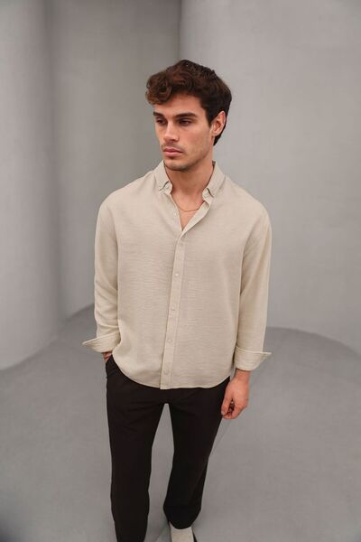 Bürke Ανδρικό πουκάμισο με μακρυμάνικο λινό καλοκαιρινό ύφος κρεμ/μπεζ μισό oversized