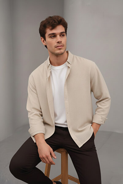 Bürke Ανδρικό πουκάμισο με μακρυμάνικο λινό καλοκαιρινό ύφος κρεμ/μπεζ μισό oversized