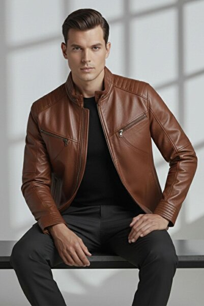 Deriderim Taba Hector Hakim Collar Zippered Lined Men's Genuine Leather Coat