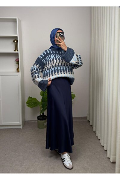 Molly Nelly Kadın Renkli Triko Kışlık Kazak blok desenli oversize kazak