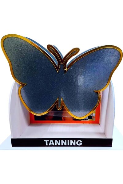 Generic Butterfly Shaped Tanning Display Stand, Blue and Gold, White Base, Decorative Counter Display