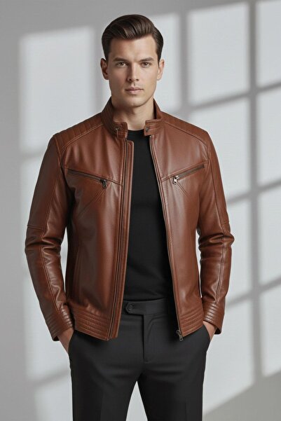 Deriderim Taba Hector Hakim Collar Zippered Lined Men's Genuine Leather Coat