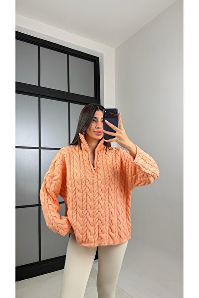 Gaus Salmon Zippered Hair Braided Sweater Gaus-00855