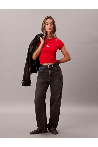 Calvin Klein Women's Round Neck Short Sleeve Short Red T-Shirt Lv047Ab802-Vmt