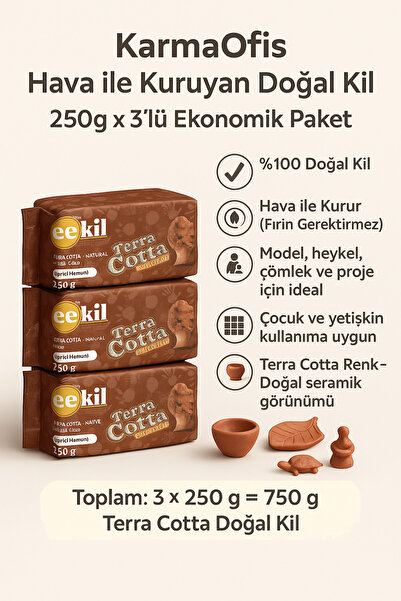 KarmaOfis Terra Cotta Doğal Kil Hamuru 3x250gr–Hava ile Kuruyan Seramik Hamur...