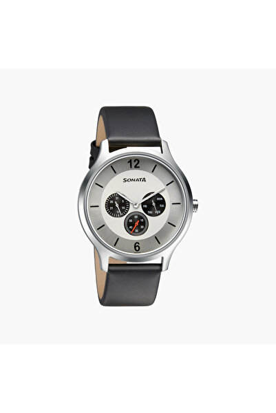 SONATA Men's Black Analog Leather Strap Watch | 7140SL01