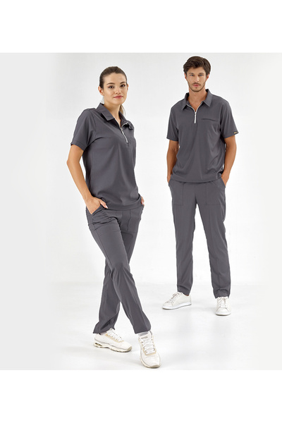 ÇİZGİ MEDİKAL Füme Polo Lüks Likra Scrubs Takım