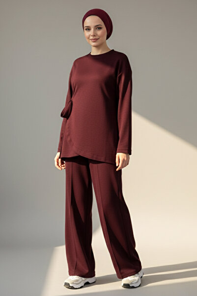 Lale Butik Lace Detail Tunic Trousers Set 2117 Claret Red