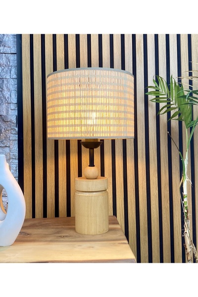 Decodelight Ahşap Naturel Silindir Ayaklı Hazeran Hasır Şapkalı Abajur Masa L...