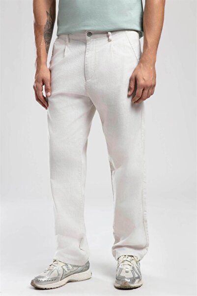 Lee Cooper Matteo Mid-High Waist Loose Straight Cut Straight Leg 100% Cotton Ecru Men's Trousers