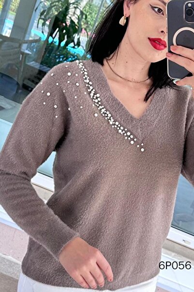 İnce Topuk Prive Series Pearl Beard Knitwear Blouse 6P056