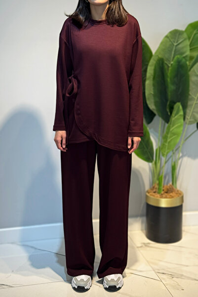 Lale Butik Lace Detail Tunic Trousers Set 2117 Claret Red