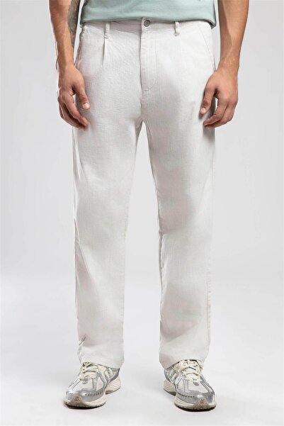 Lee Cooper Matteo Mid-High Waist Loose Straight Cut Straight Leg 100% Cotton Ecru Men's Trousers