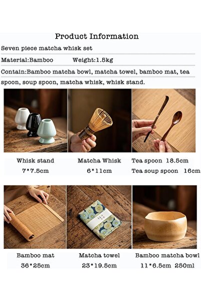 COOYA 7Pcs Japanese Matcha Tea Set, Bamboo Matcha Bowl with Tea Mat, Scoop,For Japanese Tea Ceremony